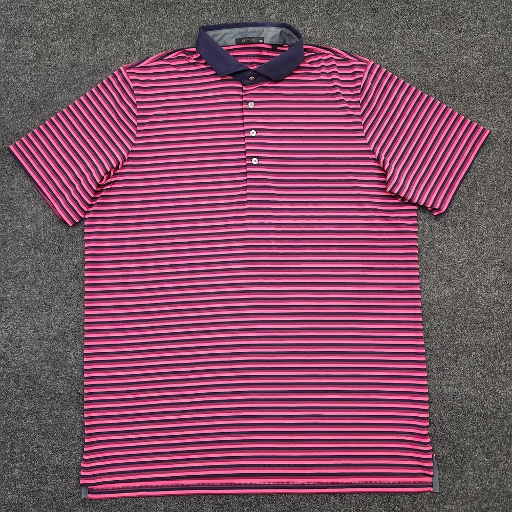 Greyson Mens XL Pink Navy Striped Polo Shirt Golf Performance Contrast Collar